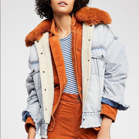 oversize faux shearling lined denim trucker jacket with removable faux fur collar